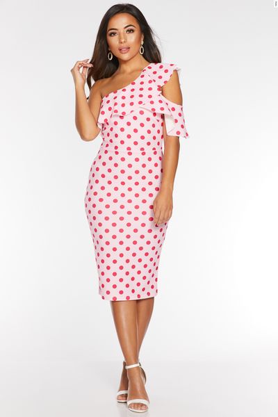 Petite Pink Polka Dot One Shoulder Midi Dress